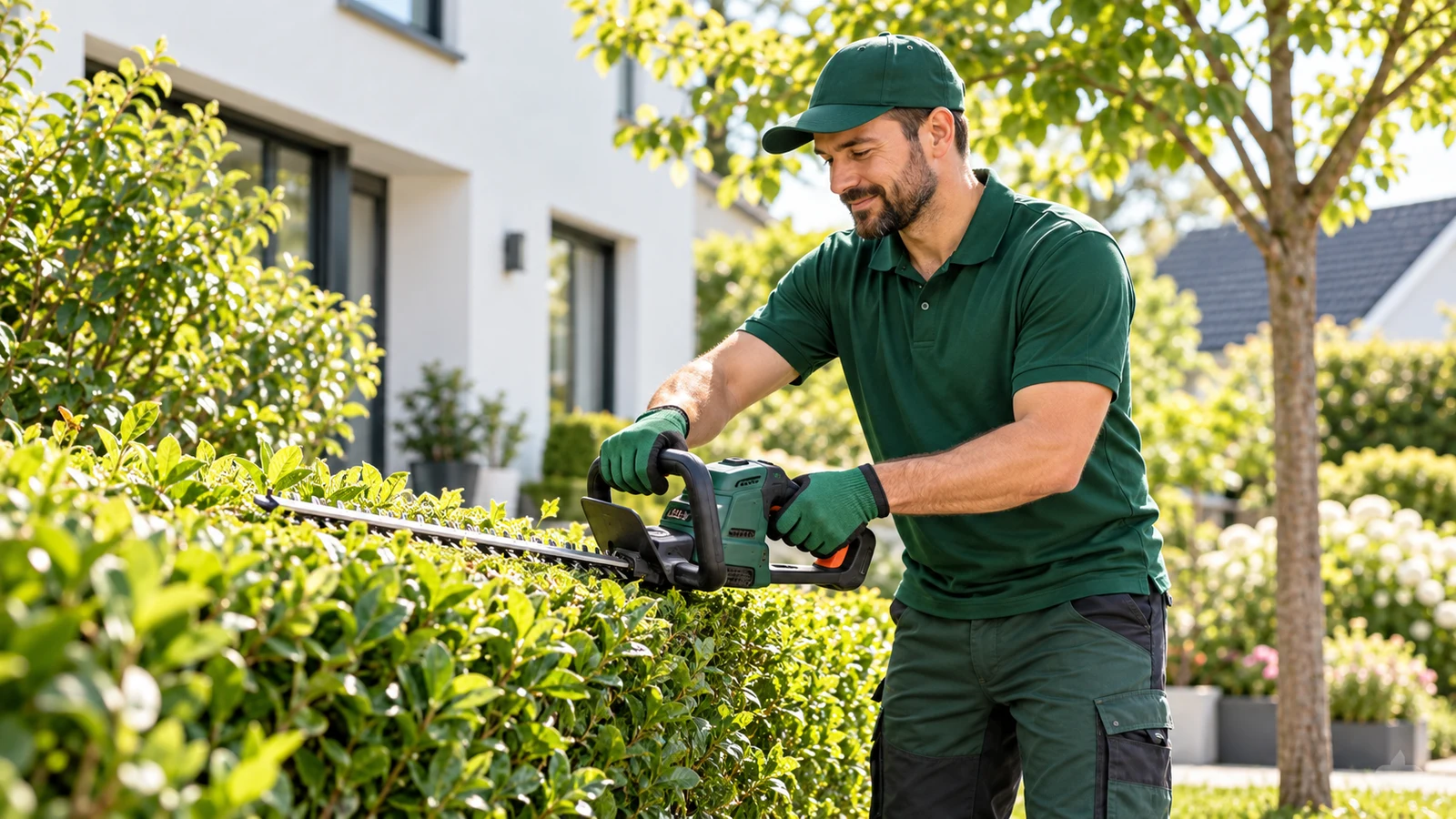 Pflege einer Hecke an einem Wohnhaus – Symbolbild